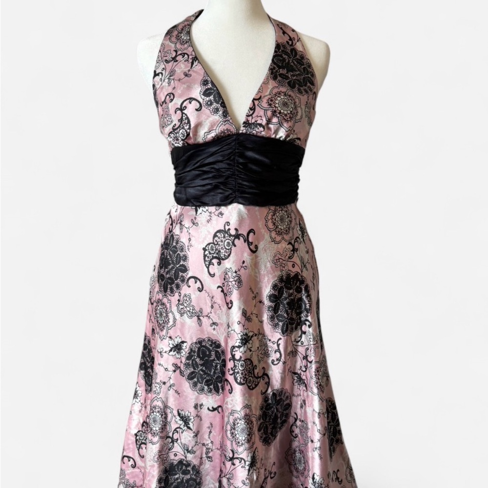 Pink and Black Halter Floral Satin Dress - Speechless